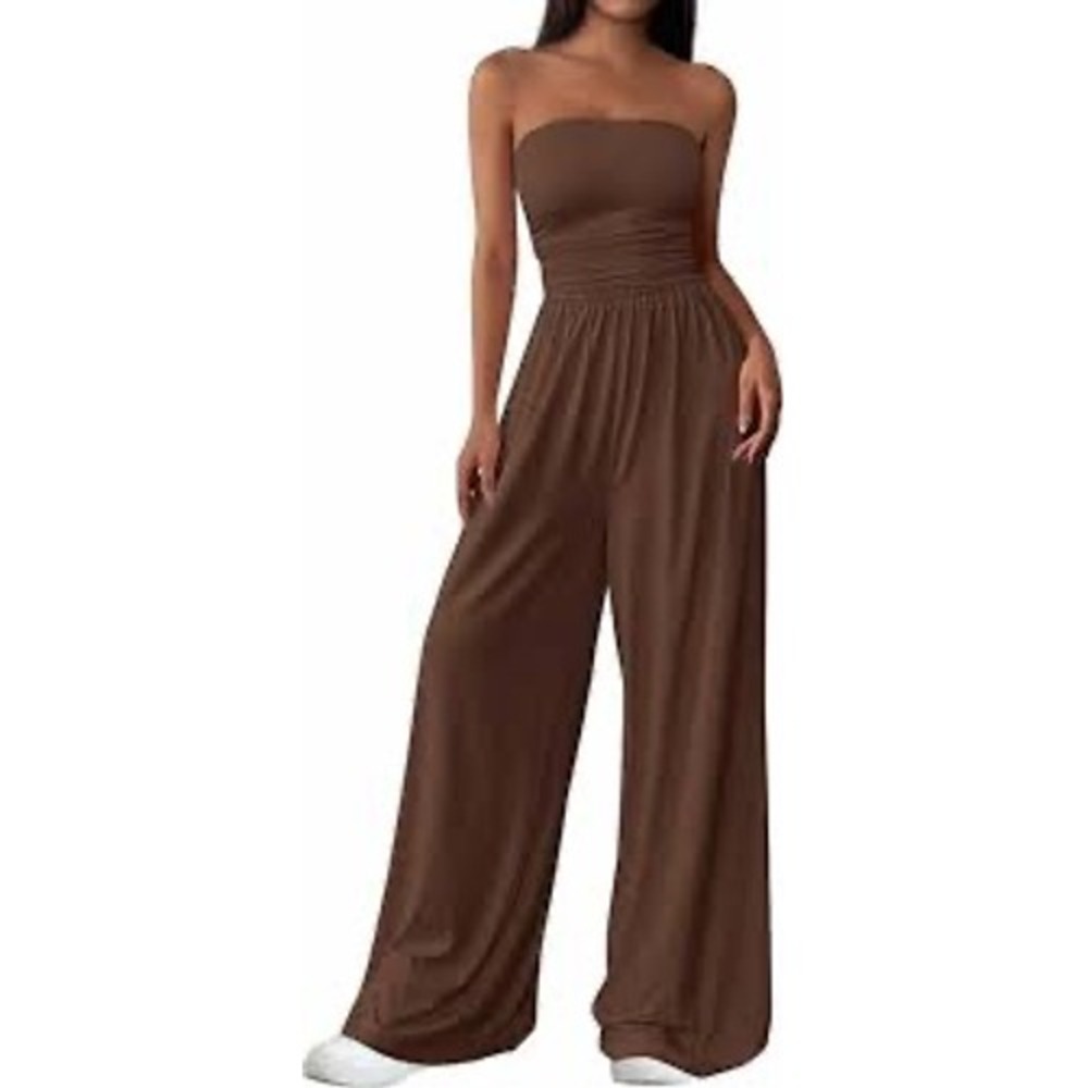 PrettyGarden Brown Strapless Wide Leg Jumpsuit Large Smocked Tube Top Pockets
